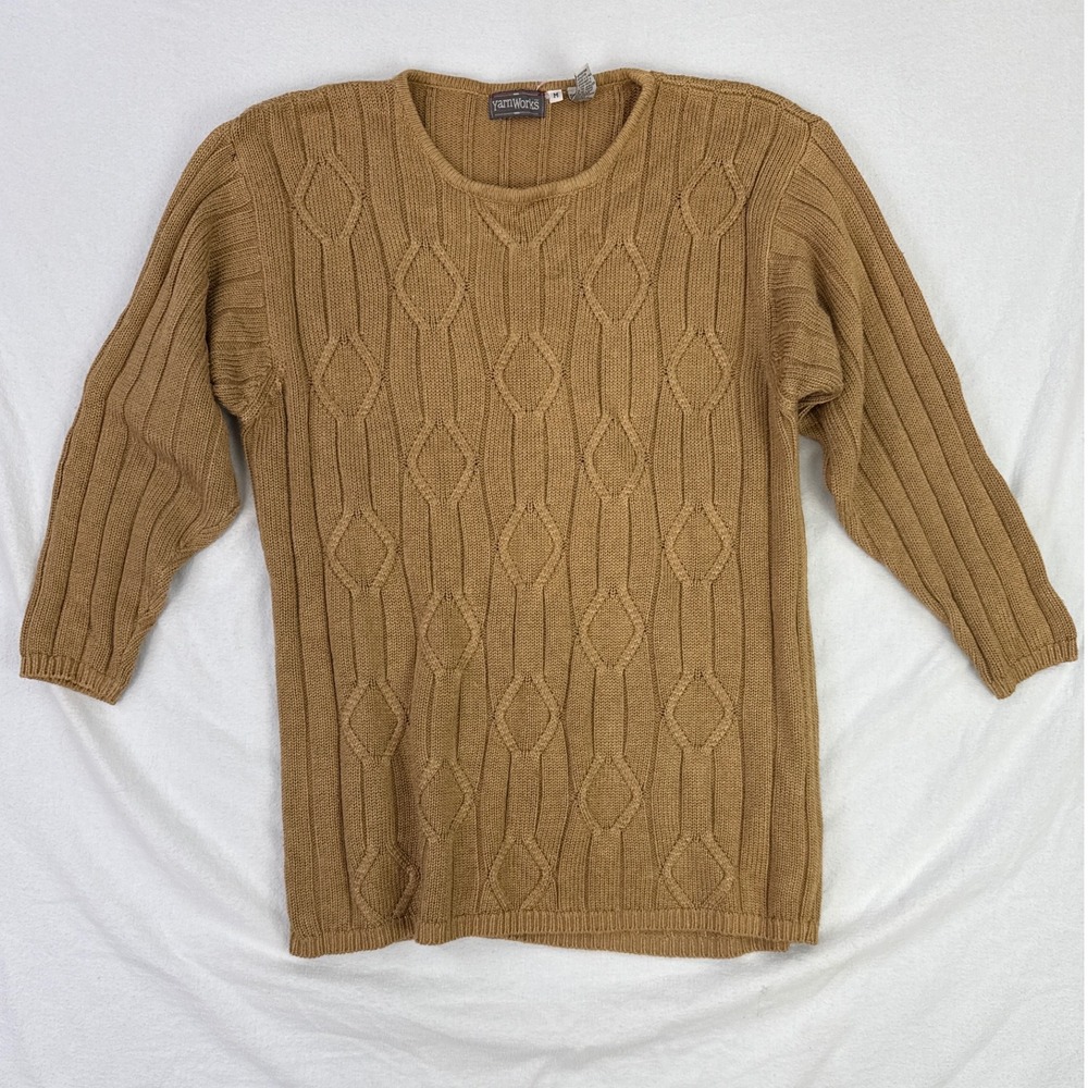 Yarnworks Vintage Tan Knit Sweater Diamond Pattern Cotton Rayon‎ Blend Medium